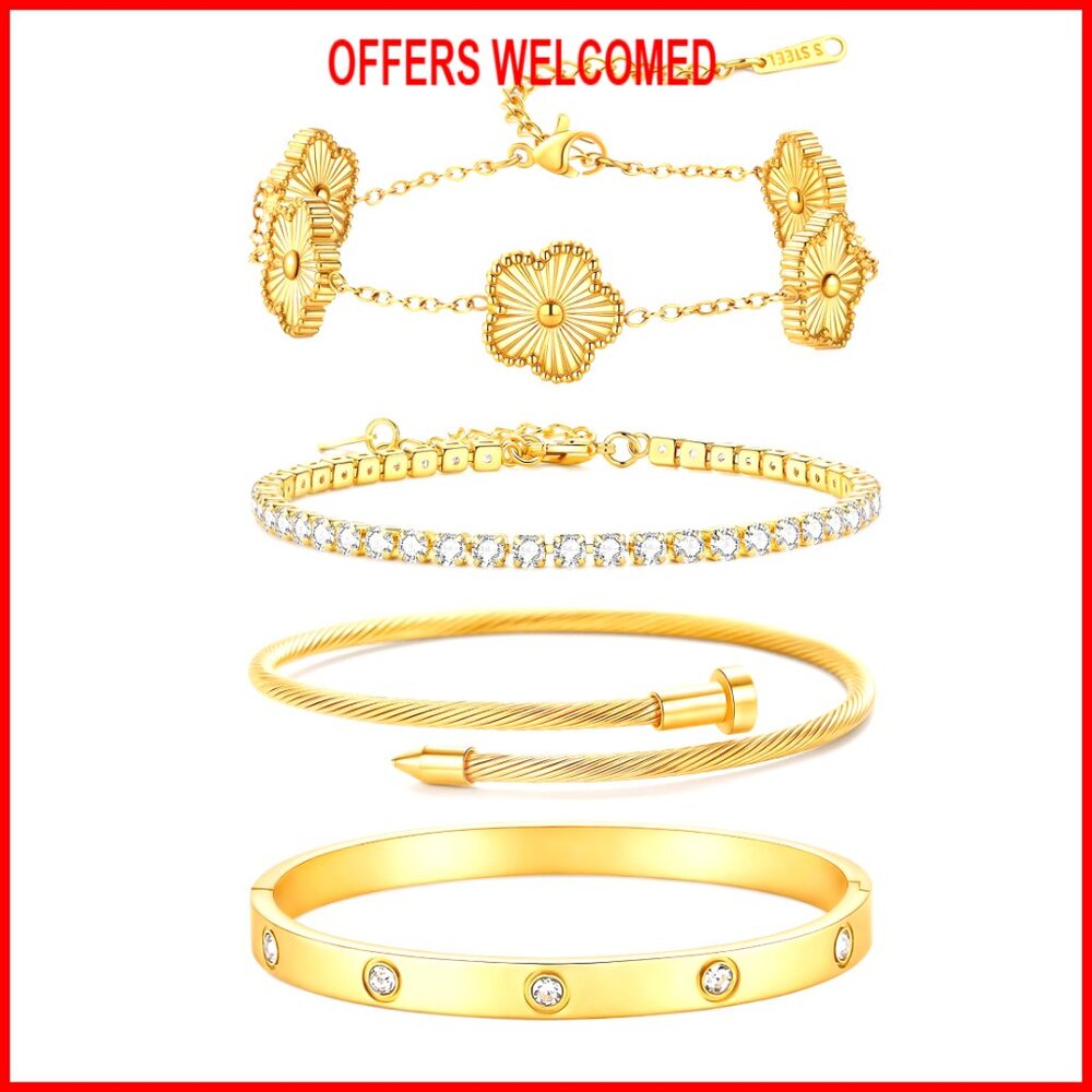 18k Gold Plated Stackable Bangle Bracelets Set St… - image 1